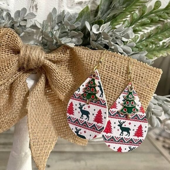 Jewelry - Handmade Christmas Tree & Reindeer Teardrop Statement Earrings Stocking Stuffer